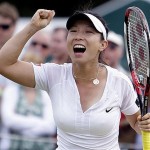 China's Zheng Jie celebrates after her fourth round match against Hungary's Agnes Szavay at Wimbledon, Monday.