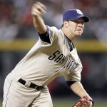 San Diego Padres' Jake Peavy delivers a pitch against the Arizona Diamondbacks in the first inning of a baseball game Saturday, July 5, 2008, in Phoenix.(AP Photo/Paul Connors)
