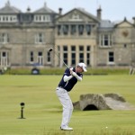 
              Australia’s Marc Leishman plays from the 18th tee during the third round at the British Open Golf Championship at the Old Course, St. Andrews, Scotland, Sunday, July 19, 2015. (AP Photo/Peter Morrison)
            