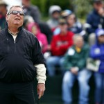 
              Fuzzy Zoeller reacts to a missed putt on the first hole during the Champions Tour's Bass Pro Shops Legends of Golf tournament at the Top of the Rock golf course in Ridgedale, Mo., Friday, April 24, 2015. (Guillermo Hernandez Martinez/The Springfield News-Leader via AP) NO SALES
            