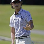 
              Kevin Na gestures on the seventh green during the second round of The Players Championship golf tournament Friday, May 8, 2015, in Ponte Vedra Beach, Fla. (AP Photo/Chris O'Meara)
            