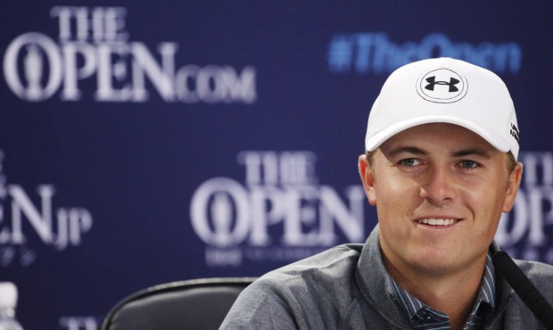 United States’ Jordan Spieth smiles during a news conference ahead of a practice round at the...