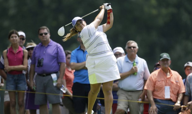 Lizette Salas drives on the fifth hole during the third round of the Meijer LPGA Classic golf tourn...