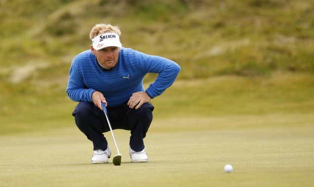 Denmark’s Soren Kjeldsen lines up a putt on hole 2 during round three of the Irish Open Golf ...