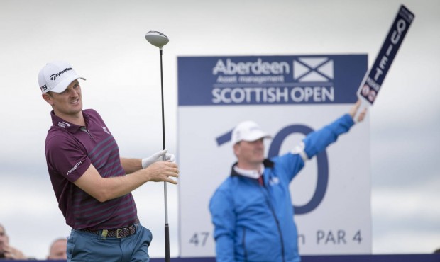 England’s Justin Rose tees off at the 10th hole during day two of the Scottish Open at Gullan...