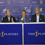 
              Golf officials, from left, Mike Whan, Commissioner of the LPGA, Mike Davis, Executive Director of the USGA, Tim Finchem, Commissioner of the PGA Tour, Pete Bevacqua, CEO of the PGA of America, and Steve Mona, CEO of the World Golf Foundation during a golf industry news conference at The Players Championship golf tournament Wednesday, May 6, 2015, in Ponte Vedra Beach, Fla. (AP Photo/Chris O'Meara)
            