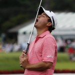 
              Kevin Kisner reacts to a missed birdie on the 18th hole during regulation play of the final round of the Greenbrier Classic golf tournament at the Greenbrier Resort  in White Sulphur Springs, W.Va., Sunday, July 5, 2015.  Kinser finished at 13-under- par and was eliminated in the first playoff hole. (AP Photo/Steve Helber)
            