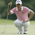 
              Ryo Ishikawa, of Japan, lines up a putt on the 16th hole during the second round of the Wells Fargo Championship golf tournament at Quail Hollow Club in Charlotte, N.C., Friday, May 15, 2015. (AP Photo/Bob Leverone)
            