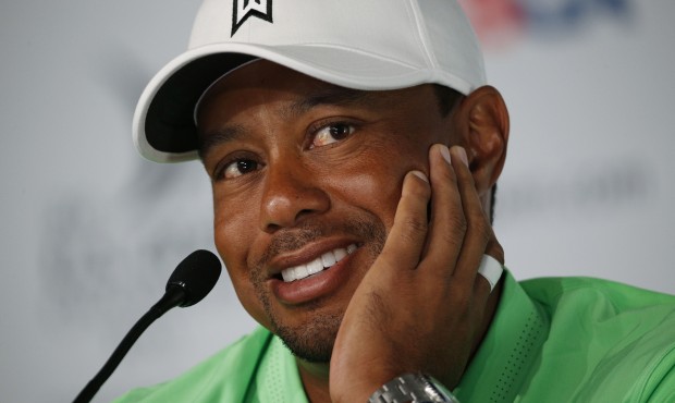 Tiger Woods talks speaks to the media during a news conference for the U.S. Open golf tournament at...