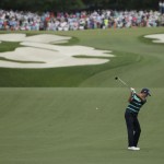 
              Webb Simpson, second from right, prepares to hit his approach shot to the fifth hole during the final round of the Wells Fargo Championship golf tournament at Quail Hollow Club in Charlotte, N.C., Sunday, May 17, 2015. (AP Photo/Chuck Burton)
            
