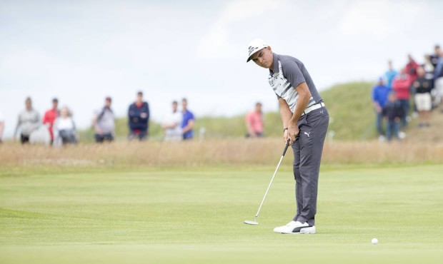 USA’s Rickie Fowler putts out at the 9th hole during day three of the Scottish Open at Gullan...