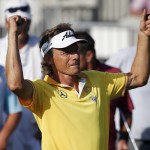 
              Bernhard Langer, of Germany, reacts after finishing on the 18th green during the final round of the Senior Players Championship golf tournament in Belmont, Mass., Sunday, June 14, 2015. Langer won. (AP Photo/Michael Dwyer)
            