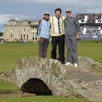 
              From left, United States’ Rickie Fowler, England’s Nick Faldo, and England’s Justin Rose pose for photographers on Swilcan Bridge during the second round of the British Open Golf Championship at the Old Course, St. Andrews, Scotland, Friday, July 17, 2015. (AP Photo/David J. Phillip)
            