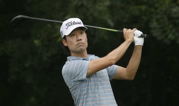 Kevin Na watch his tee shot on the sixth hole during the third round of the Colonial golf tournamen...