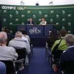 
              International Olympic Committee president Thomas Bach, center left, speaks during a news conference during the second round of the British Open Golf Championship at the Old Course, St. Andrews, Scotland, Saturday, July 18, 2015. Golf will feature at the Rio 2016 Olympics. (AP Photo/Jon Super)
            