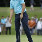 
              Jordan Spieth reacts to just missing a putt on the 11th hole during the first round of the Colonial golf tournament, Thursday, May 21, 2015, in Fort Worth, Texas. (AP Photo/LM Otero)
            