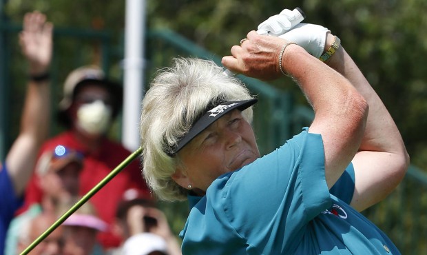 Laura Davies hits off the first tee during the final round of the U.S. Women’s Open golf tour...