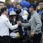 
              United States’ Zach Johnson, left, is congratulated by United States’ Jordan Spieth after winning a playoff after the final round of the British Open Golf Championship at the Old Course, St. Andrews, Scotland, Monday, July 20, 2015. (AP Photo/David J. Phillip)
            