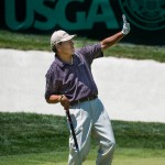 
              Kiyoshi Murota gestures after putting on the 18th hole during the second round of the U.S. Senior Open golf tournament at Del Paso Country Club on Friday, June 26, 2015, in Sacramento, Calif. (Andrew Seng/The Sacramento Bee via AP)
            