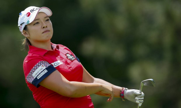 Ha Na Jang of South Korea watches her tee shot on the second hole during the third round of the Mar...