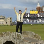 
              England’s Nick Faldo waves as he poses for photographers on the Swilcan Bridge during the second round of the British Open Golf Championship at the Old Course, St. Andrews, Scotland, Friday, July 17, 2015. (AP Photo/David J. Phillip)
            