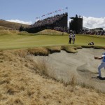 
              Rickie Fowler hits out of the bunker on the ninth hole during the second round of the U.S. Open golf tournament at Chambers Bay on Friday, June 19, 2015 in University Place, Wash. (AP Photo/Ted S. Warren)
            