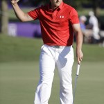 
              Austin Cook celebrates his birdie putt on the ninth green to put him at 8-under-par 132 after the second round of the St. Jude Classic golf tournament Friday, June 12, 2015, in Memphis, Tenn. (AP Photo/Mark Humphrey)
            