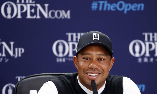 United States’ Tiger Woods speaks during a news conference ahead of a practice round at the B...