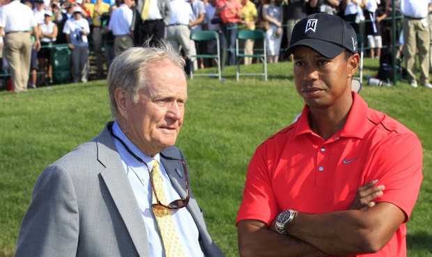 FILE – In this June 3, 2012, file photo, Jack Nicklaus, left, and Tiger Woods talk after Wood...