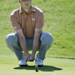 
              Jordan Spieth lines up a putt on the first green during the final round of the Byron Nelson golf tournament, Sunday, May 31, 2015, in Irving, Texas. (AP Photo/LM Otero)
            