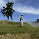
              Bruce Murray, a greenskeeper at Chambers Bay golf course, waters the 16th tee next to the course's signature lone fir tree, Thursday, June 11, 2015, in University Place, Wash. Chambers Bay will host the U.S. Open golf tournament next week. (AP Photo/Ted S. Warren)
            