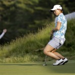 
              Min Lee, of Taiwan, reacts to missing her putt on the 18th hole of the first round of the ShopRite LPGA Classic golf tournament, Friday, May 29, 2015, in Galloway Township, N.J. (AP Photo/Mel Evans)
            