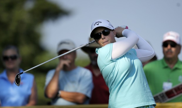 Morgan Pressel hits a tee shot on the 12th hole during the first round of the ShopRite LPGA Classic...