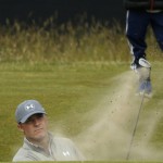 
              United States’ Jordan Spieth plays out of a bunker during a practice round at the British Open Golf Championship at the Old Course, St. Andrews, Scotland, Tuesday, July 14, 2015. (AP Photo/Jon Super)
            