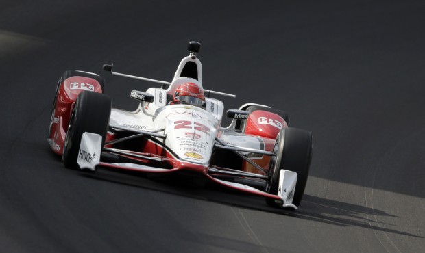 Simon Pagenaud, of France, steers his car during practice for the Indianapolis 500 auto race at Ind...
