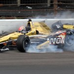 
              James Hinchcliffe, of Canada, hits the wall in the third turn during practice for the Indianapolis 500 auto race at Indianapolis Motor Speedway in Indianapolis, Monday, May 18, 2015.   (Jimmy Dawson/The Indianapolis Star via AP)
            