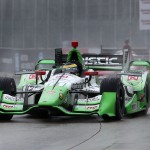 
              Sebastien Bourdais, of France, drives in the rain during the second race of the IndyCar Detroit Grand Prix auto racing doubleheader Sunday, May 31, 2015, in Detroit. (AP Photo/Dave Frechette)
            
