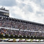 
              Martin Truex Jr. (78) leads Joey Logano (22), Jimmie Johnson (48) and Kevin Harvick (4) on a late restart in a NASCAR Sprint Cup Series auto race at Pocono Raceway in Long Pond, Pa., Sunday, June 7, 2015. (AP Photo/Derik Hamilton)
            