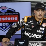 
              Graham Rahal responds to questions during a news conference after a practice session for the IndyCar auto race at Texas Motor Speedway in Fort Worth, Texas, Friday June, 5, 2015. The Firestone 600 is scheduled to run Saturday night. (AP Photo/Tim Sharp)
            