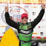 
              Sebastien Bourdais celebrates in the winners circle after the IndyCar Series race at the Milwaukee Mile in West Allis, Wis., Sunday, July 12, 2015. (AP Photo/Jeffrey Phelps)
            