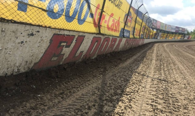 The wet dirt at Eldora Speedway is shown Monday, July 20, 2015 in Rossburg, Ohio. Persistent rains ...