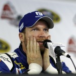               Dale Earnhardt Jr. pauses as he answers a question during an interview at Pocono Raceway in preparation for Sunday's NASCAR Sprint Cup Series auto race in Long Pond, Pa., Friday, June 5, 2015. (AP Photo/Mel Evans)
            