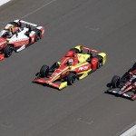 
              Bryan Clauson (88), Sebastian Saavedra, of Colombia, (17) and Justin Wilson, of England, (25) drive down the main straightaway during the final practice session for the Indianapolis 500 auto race at Indianapolis Motor Speedway in Indianapolis, Friday, May 22, 2015.  (AP Photo/Michael Conroy)
            