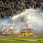 
              In thnis photo made early Monday, July 6, 2015, Austin Dillon (3) goes airborne and hits the catch fence as he was involved in a multi-car crash on the final lap of the NASCAR Sprint Cup series auto race at Daytona International Speedway in Daytona Beach, Fla. (AP Photo/Rob Sweeten)
            