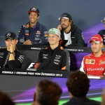 
              Back row from left: Red Bull driver Daniel Ricciardo of Australia, McLaren driver Fernando Alonso of Spain and Toro Rosso driver Carlos Sainz Jr. of Spain and, front row from left, Mercedes driver Nico Rosberg of Germany, Force India driver Nico Huelkenberg of Germany and Ferrari driver Sebastian Vettel of Germany attend a press conference prior to the Formula One Grand Prix, at the Red Bull Ring in Spielberg, southern Austria, Thursday, June 18, 2015. (AP Photo/Kerstin Joensson)
            