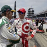 
              Ed Carpenter, left, and Scott Dixon, of New Zealand, talk as they wait for the start of qualifications for the Indianapolis 500 auto race at Indianapolis Motor Speedway in Indianapolis, Sunday, May 17, 2015. (AP Photo/Darron Cummings)
            