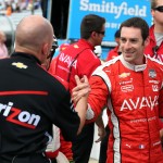 
              Simon Pagenaud, of France, is congratulated by a member of his crew after he qualified for the Indianapolis 500 auto race at Indianapolis Motor Speedway in Indianapolis, Sunday, May 17, 2015. (AP Photo/Sam Riche)
            
