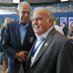 
              Jerry Cook, right, is congratulated by Hall of Fame driver Ned Jarrett, left, after being named to the 2016 class of the NASCAR Hall of Fame during an announcement at the NASCAR Hall of Fame in Charlotte, N.C., Wednesday, May 20, 2015. (AP Photo/Terry Renna)
            