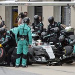 
              Mercedes driver Lewis Hamilton, of Great Britain, makes a pit stop during the Canadian Grand Prix in Montreal on Sunday, June 7, 2015. Hamilton won the race.  (Paul Chiasson/The Canadian Press via AP) MANDATORY CREDIT
            