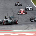 
              Mercedes driver Nico Rosberg of Germany, left, steers his car  in front of Mercedes driver Lewis Hamilton of Britain, during the the Formula One Grand Prix race, at the Red Bull Ring in Spielberg, southern Austria, Sunday, June 21, 2015. (AP Photo/Darko Bandic)
            